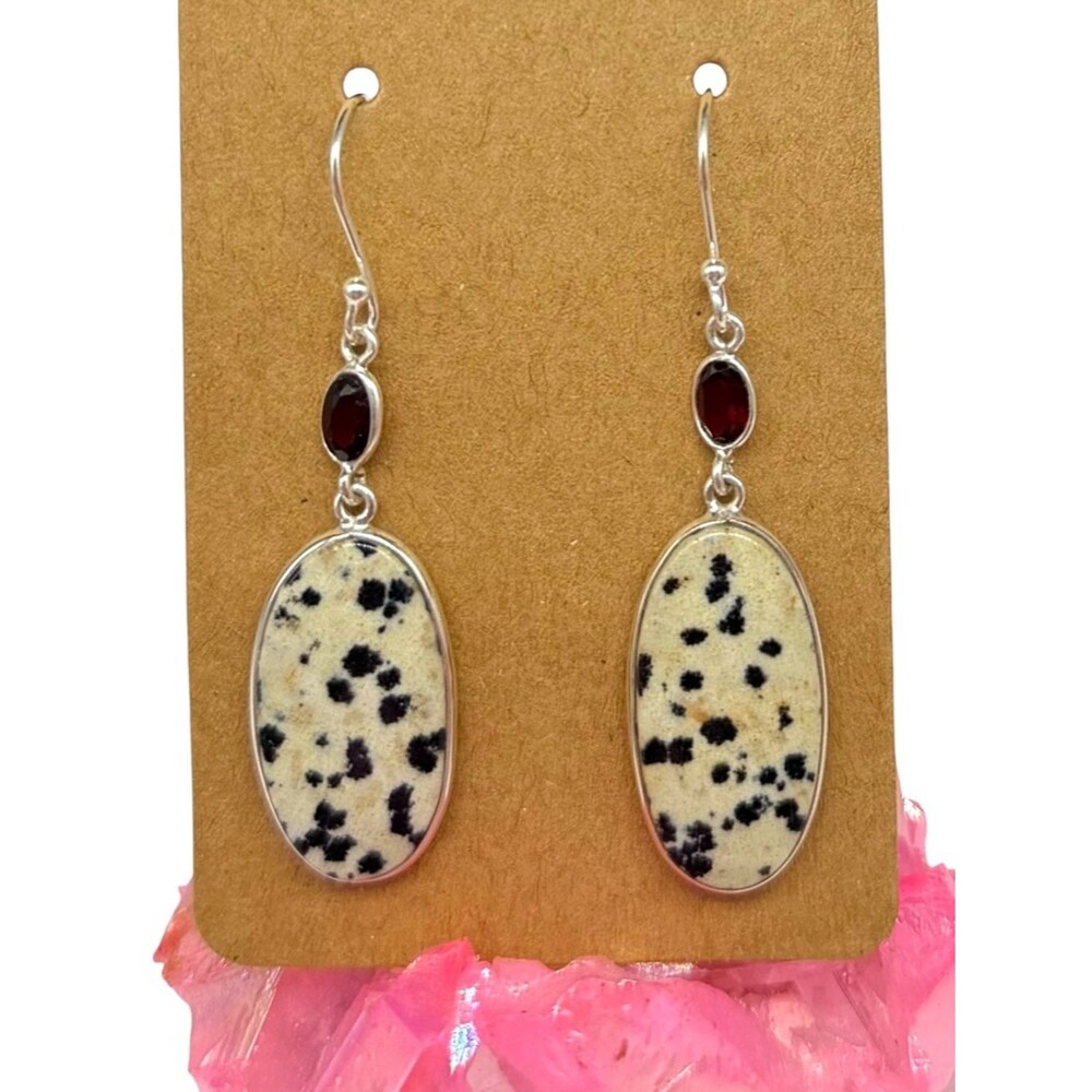 Dalmatian Jasper Garnet Earrings Solid 925 Sterling Silver